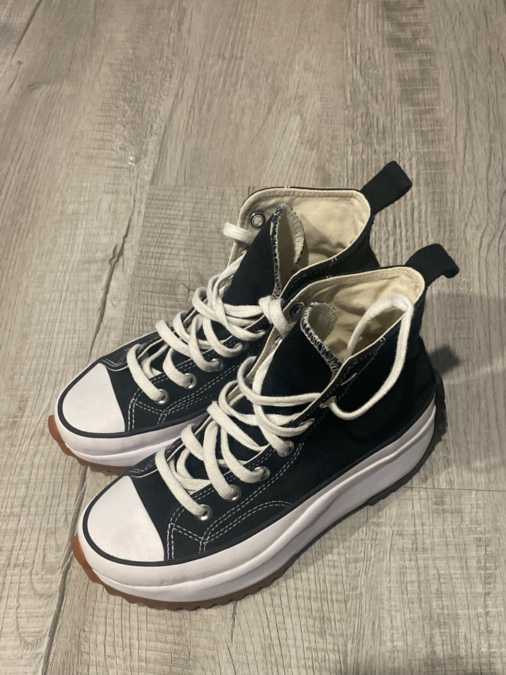 Women's Black High-Top Platform Sneakers with Contrasting Cream Laces(M4.5/W6)